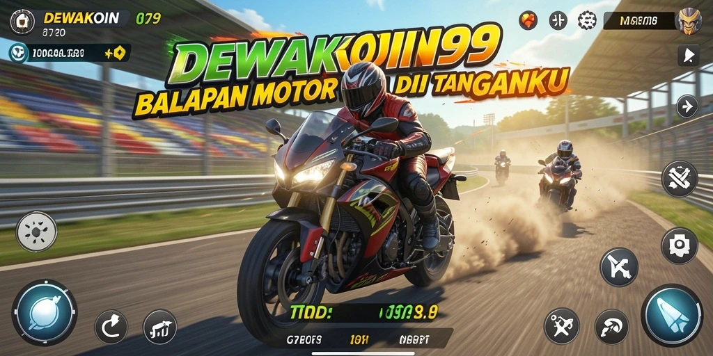 Gameplay seru DEWAKOIN99 dengan balapan motor yang intens.