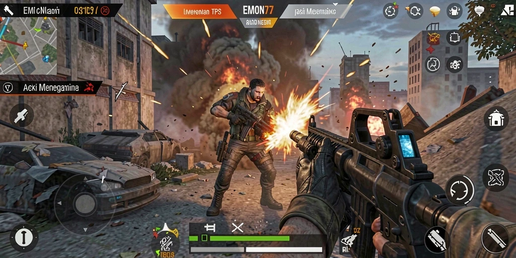 Tangkapan layar EMON77 menampilkan aksi menegangkan dalam gameplay TPS.