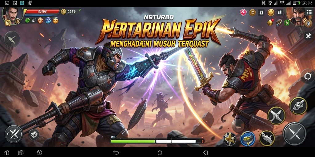 Gameplay seru di N9TURBO dengan pertarungan dinamis dan karakter unik.