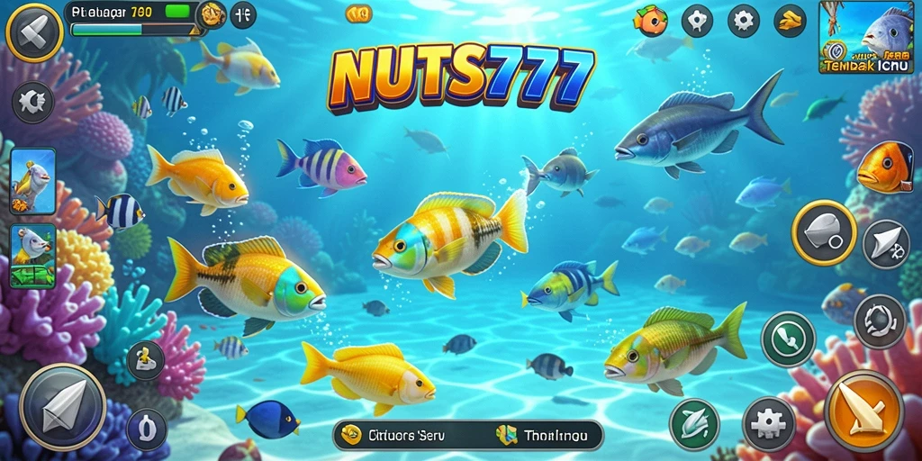 Tampilan gameplay seru dalam NUTS777 dengan aksi menembak ikan.