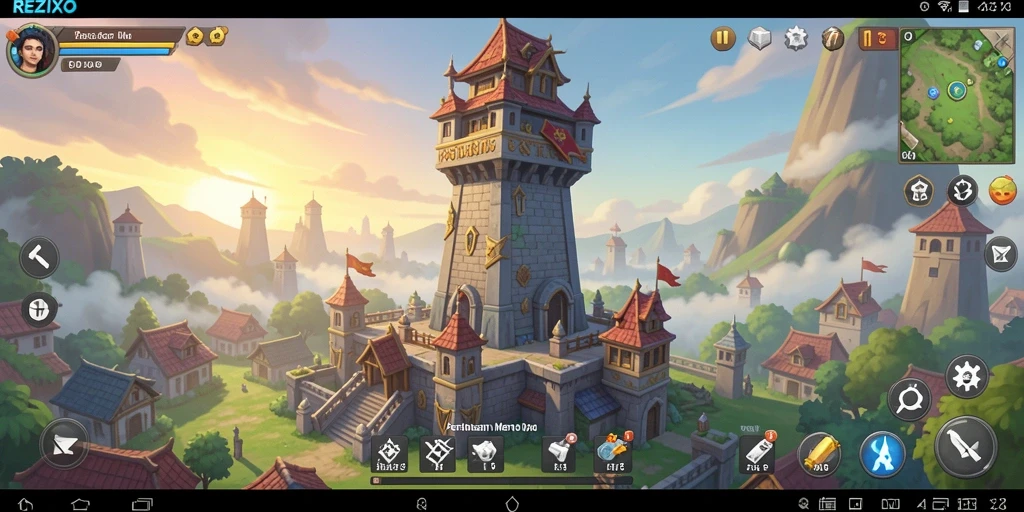 Screenshot gameplay REZIXO yang menunjukkan menara bertahan dari serangan musuh.