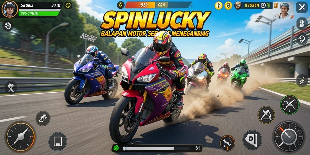 Gameplay mendebarkan SPINLUCKY dengan balapan motor yang seru.
