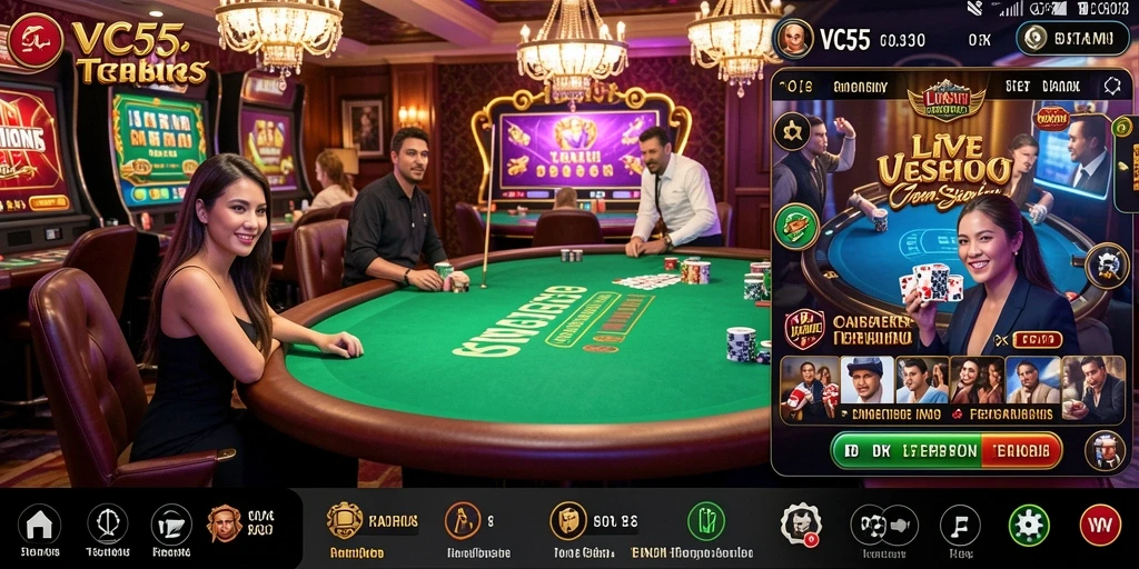 Screenshot VC55 menunjukkan dealer langsung dan suasana kasino yang mendebarkan.